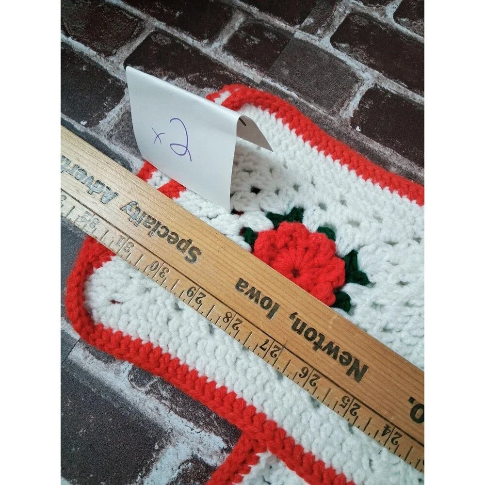 Vintage White Red Crochet Throw Blanket Lap Granny Square 62X62 Homemade Roses